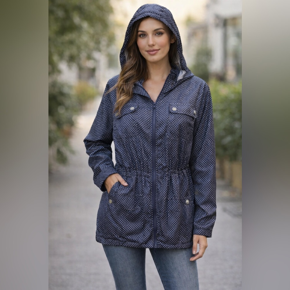 Pure Energy Navy Polka Dot Rain Coat-EUC